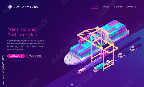 Transport logistics isometric landing page, ship in port with ramp, train and trucks. Delivery service company, cargo and goods export and import over world, industrial business, 3d vector web banner