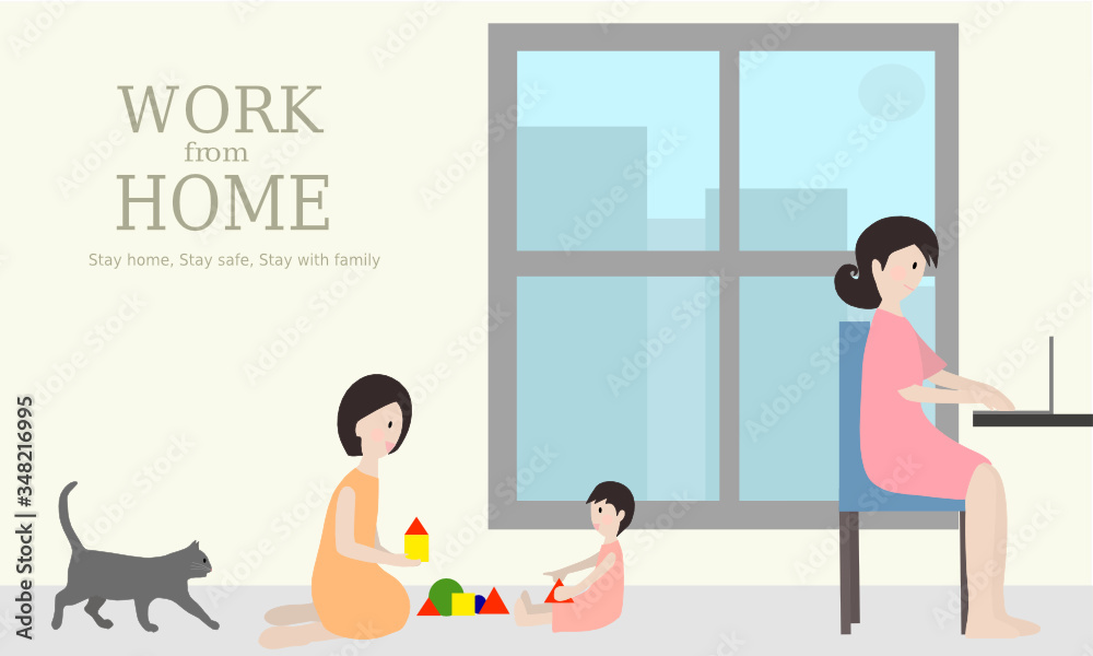 Work from home. The woman works on her laptop with children playing around. Family together with a cat on the floor.. Illustration vector. Work from home. The woman works on her laptop with children playing around. Family together with a cat on the floor.. Illustration vector.