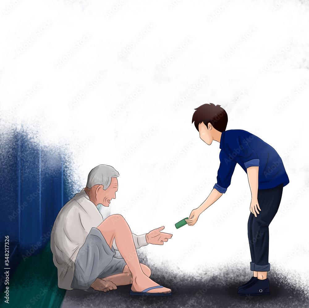 Boy give money to a beggar, Cartoon style, anime style, illustration Stock  Illustration | Adobe Stock