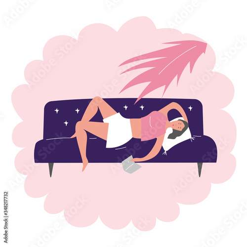 A woman fell asleep on sofa. Nap in the summer heat.  Cartoon vector illustration
