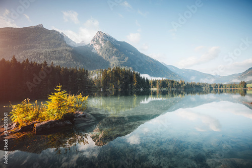 Famous alpine lake Hintersee. Location resort Ramsau, National park Berchtesgadener Land, Germany Alps.