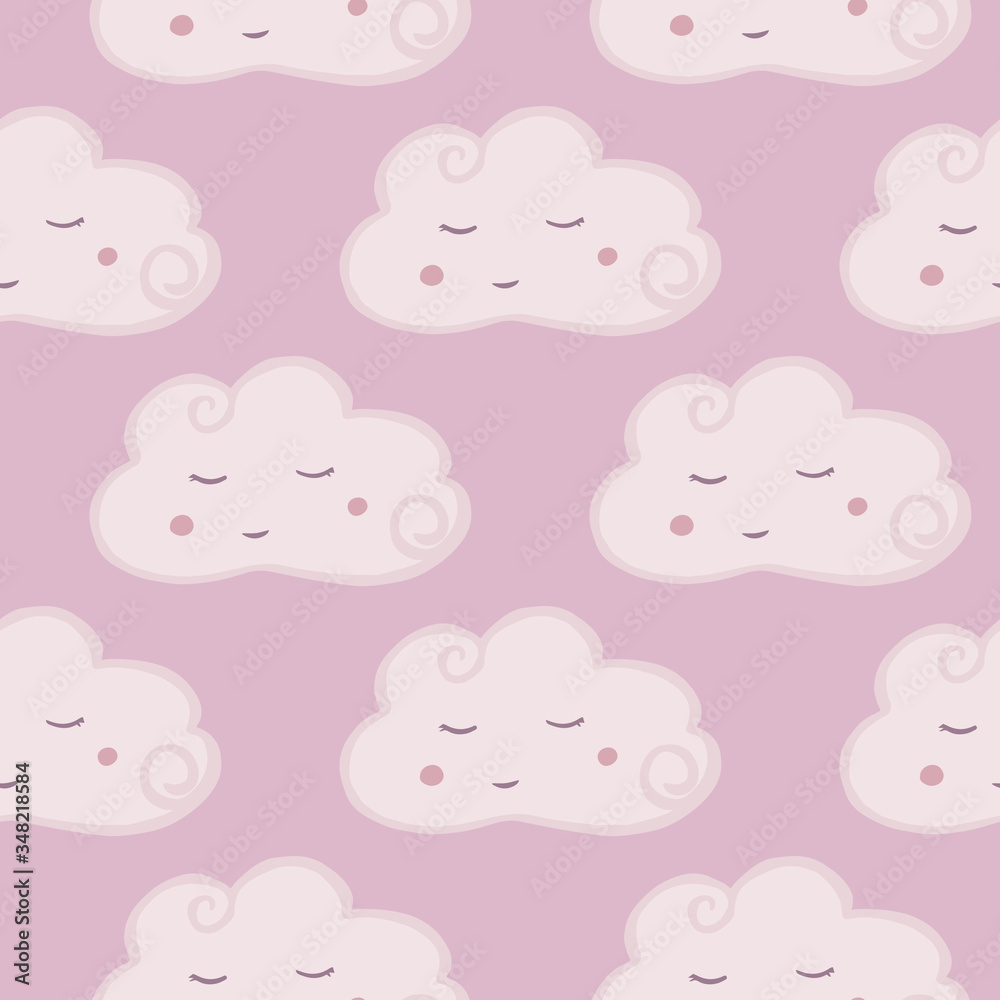 Cute pink cloud seamless pattern. Hand drawn character cloud sky wallpaper. Pastel colors. Cute pink cloud seamless pattern. Hand drawn character cloud sky wallpaper. Pastel colors.