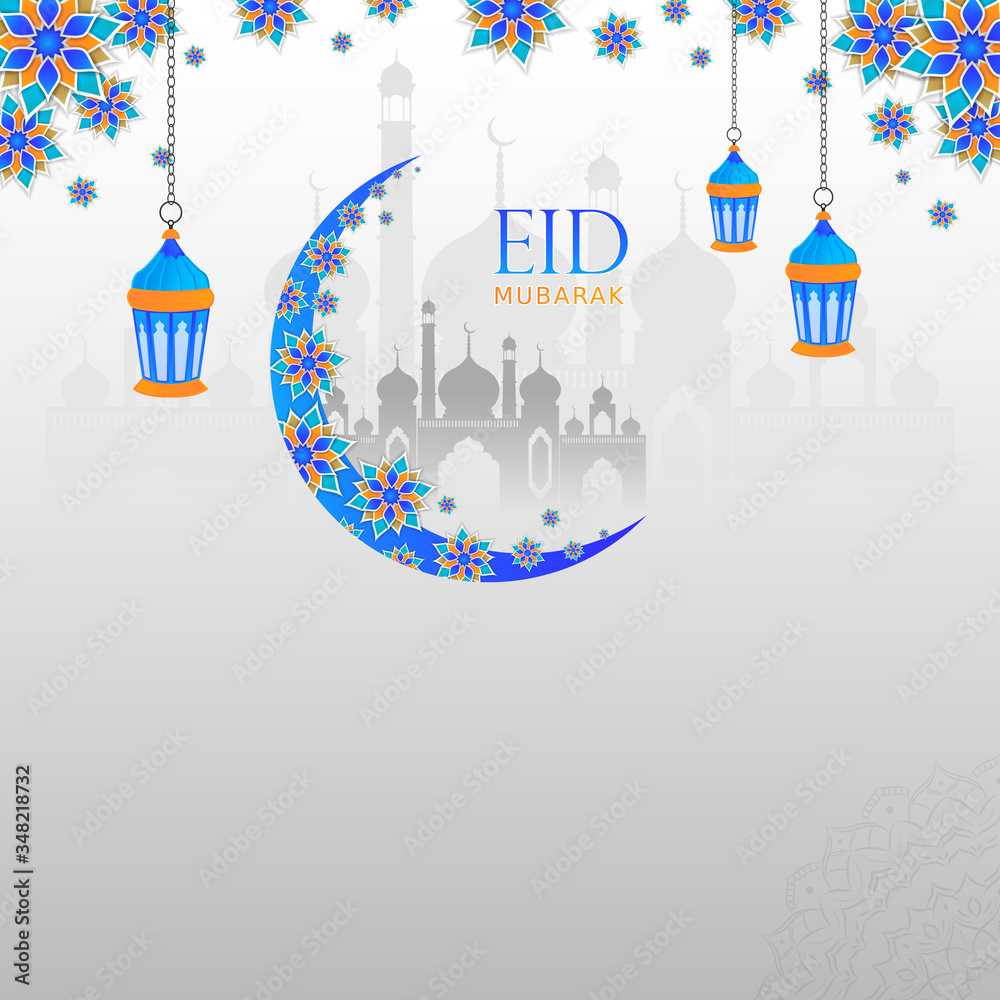 Eid Mubarak Background Greeting and Wishes with Beautiful Floral Moon, Mandala and Masjid for Promotional Advertise.