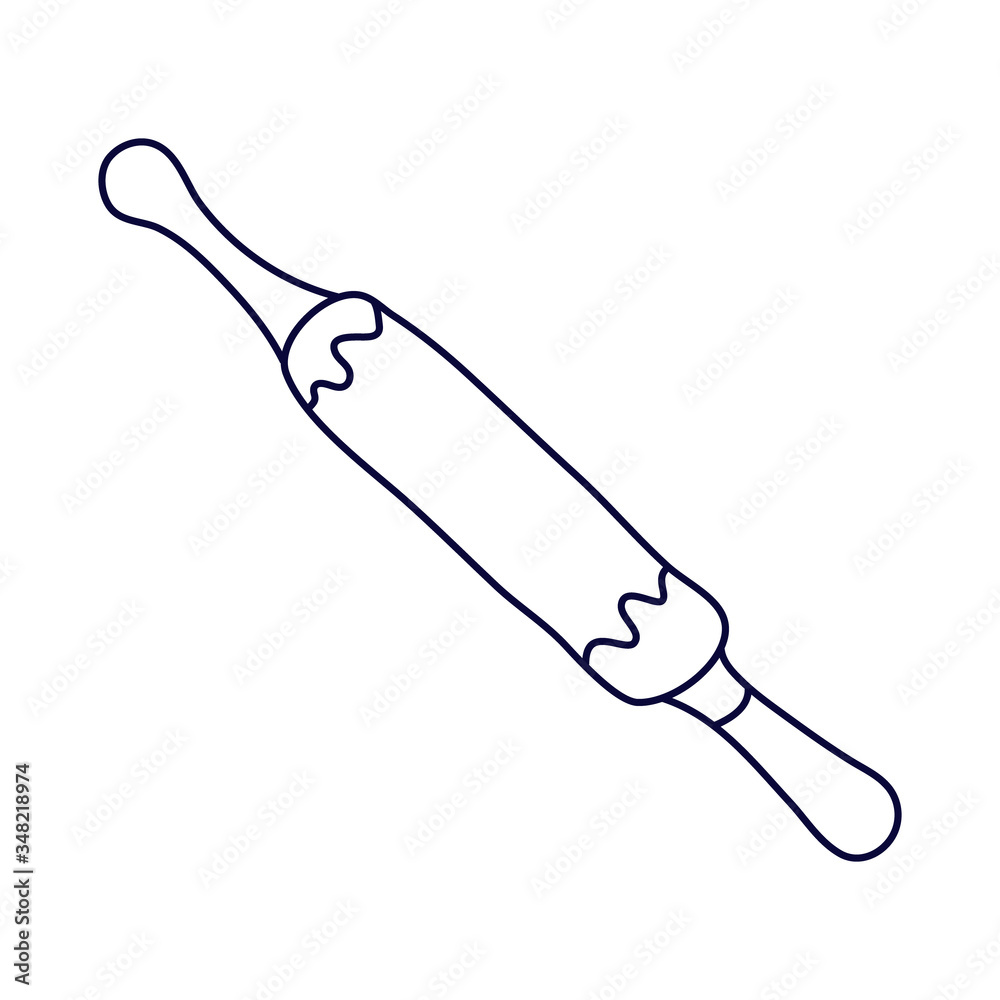 Obraz premium Rolling pin in doodle style. Hand drawn vector illustration in black ink isolated on white background.