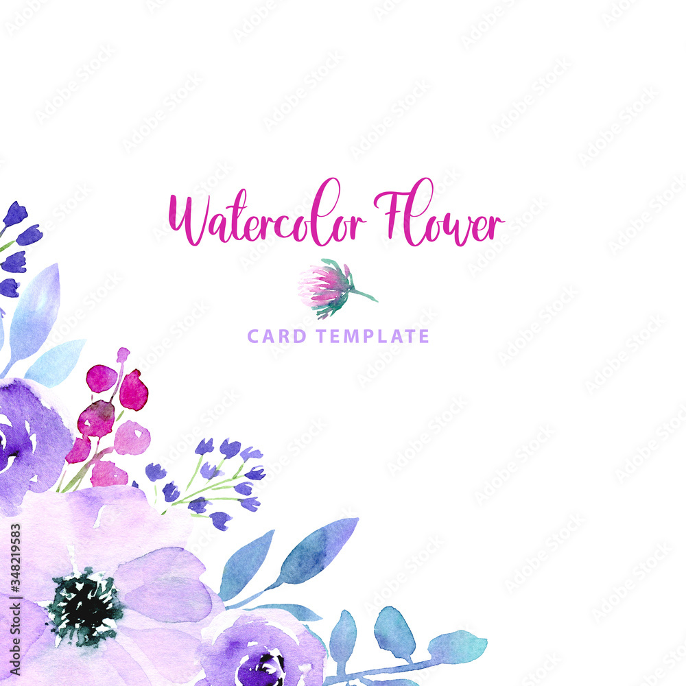 Watercolor loose style purple blue violet anemone and rose flower, blue bell, leaves corner frame. Modern trendy border template for invitation, poster, banner, wedding, greeting card design Watercolor loose style purple blue violet anemone and rose flower, blue bell, leaves corner frame. Modern trendy border template for invitation, poster, banner, wedding, greeting card design