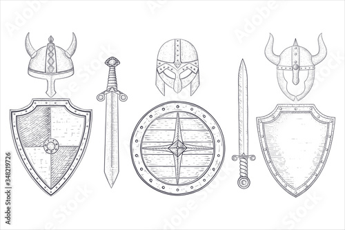 Viking armour. Fighting equipment hand drawn sketch