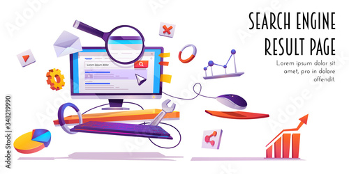 Search engine result page, SERP banner. Computer monitor with website browser information on screen, magnifying glass and infographic elements, internet surfing algorithm, Cartoon vector illustration