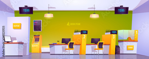 Bank office interior with atm, cash box, staff desk and reception counter. Vector cartoon illustration of empty bank lobby with furniture, queue displays and automated teller machine