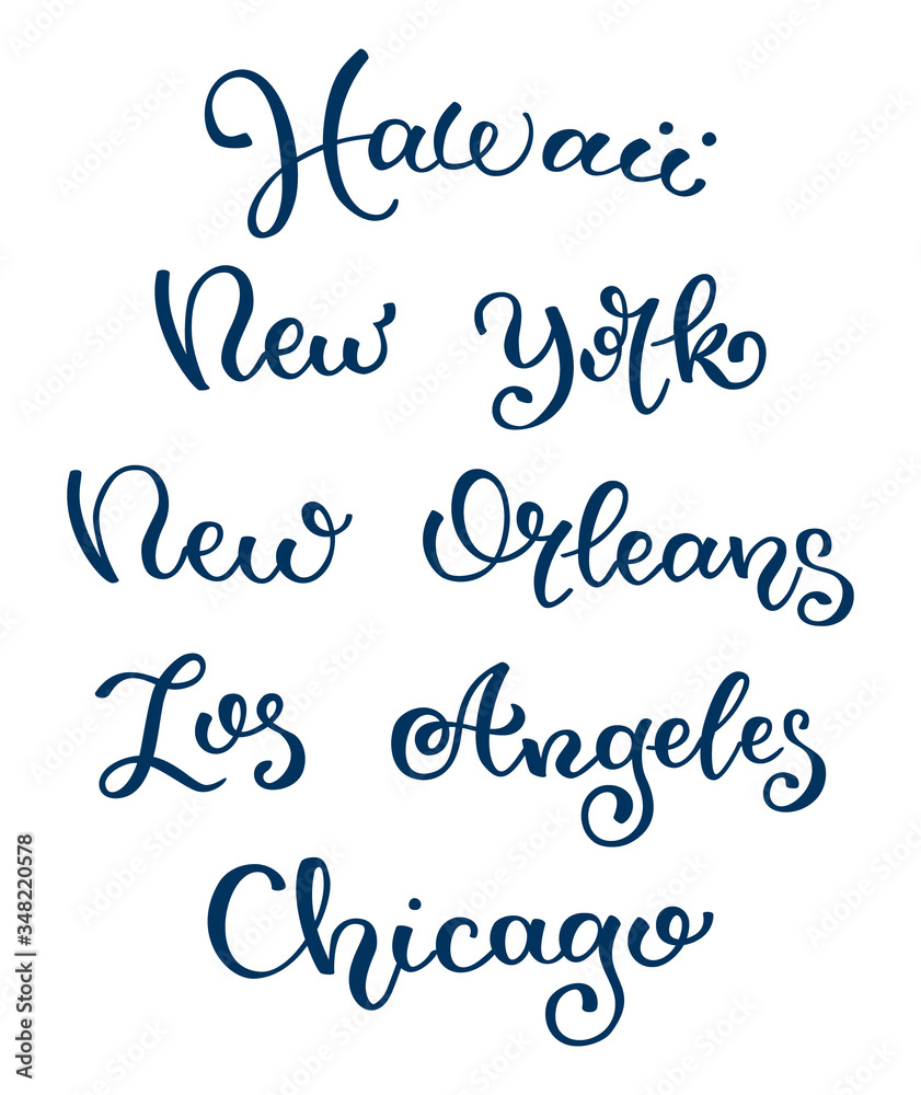 Hand lettering city names. Hawaii, Los Angeles, New York, New Orleans, Chicago.