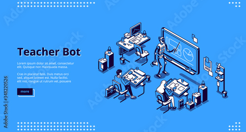 Teacher bot isometric landing page. Robot conduct lesson in class with students sitting at desks. Artificial intelligence in education, lesson in school with tutor cyborg 3d vector line art web banner
