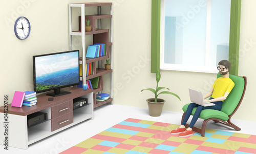 Young man is working on laptop staying home and sitting in his room. 3D illustration