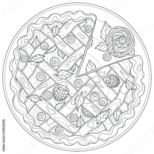 Pie with raspberries, blueberries and mint.Tasty sweets.Coloring book antistress for children and adults. Zen-tangle style.Black and white drawing