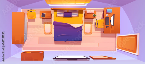 Bedroom interior top view. Vector cartoon furniture for sleeping room, king size bed, tv, workspace with desk and computer, bookshelf, wardrobe and in empty room background