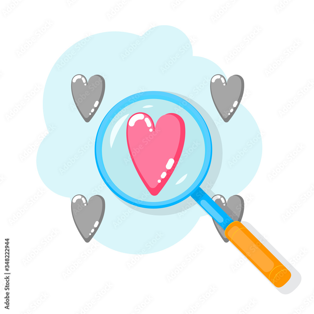 Search heart and find love with magnifying glass with heart inside. Dating illustration of dating application or site on mobile phone. Social network Search heart and find love with magnifying glass with heart inside. Dating illustration of dating application or site on mobile phone. Social network