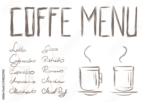 Hand-written names of coffee. Coffee menu without background. Isolated