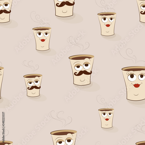 Hand-drawn cartoon coffee cups with funny emotional faces. Colored seamless texture on brown background.