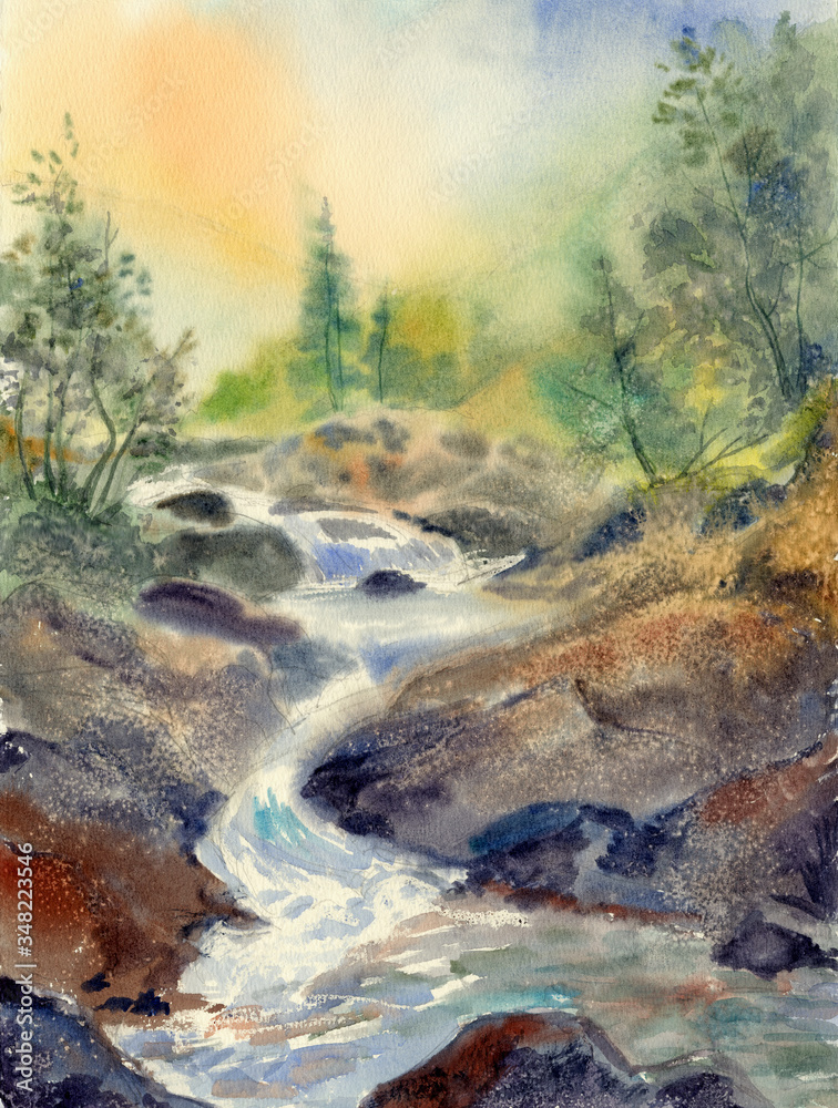 Watercolor sketch: Misty dawn in the Khibiny Mountains