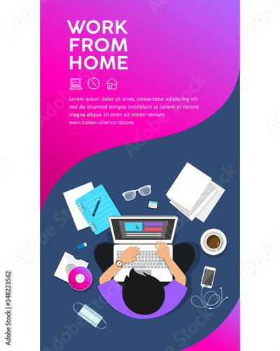 Man sitting work computer from home, top view leaflet poster design colorful background, vector illustration