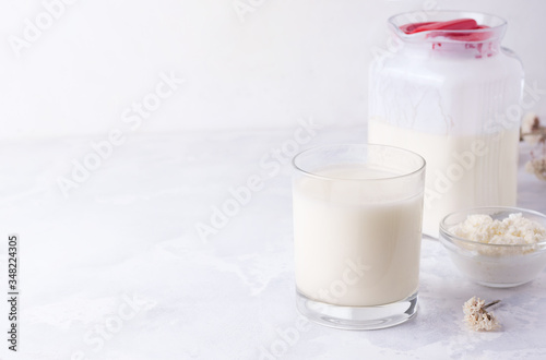 Dairy fermented drinks on a white background. Copy space