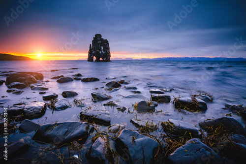 Awesome dark sand after the tide. Location place famous Hvitserkur, Vatnsnes peninsula, Iceland, Europe.