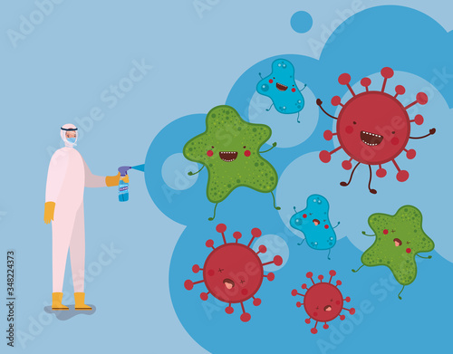 Man spraying covid 19 virus with protective suit vector design