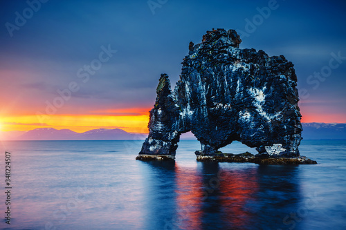 Awesome dark sand after the tide. Location place famous Hvitserkur, Vatnsnes peninsula, Iceland, Europe. photo