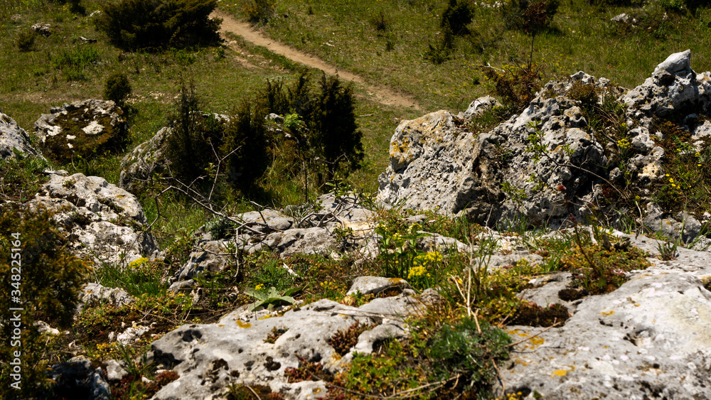 View of the Sokolich Mountains Reserve and rock stones in Olsztyn. A free space for an inscription