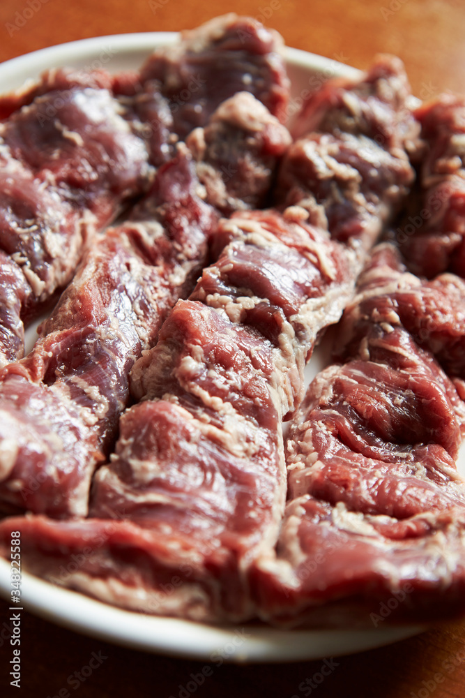 Fresh raw meat on plate Fresh raw meat on plate