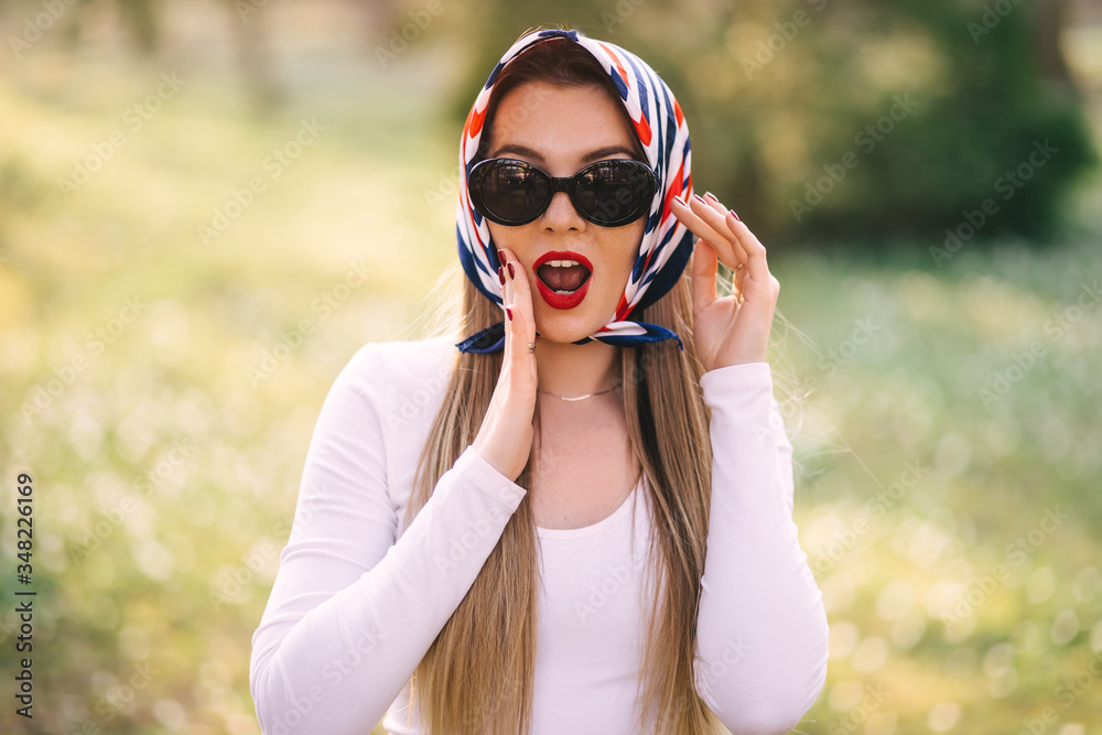 Portrait of shocked impressed woman with unexpected reaction ges Portrait of shocked impressed woman with unexpected reaction ges