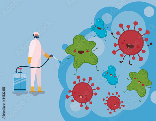 Man spraying covid 19 virus with protective suit vector design