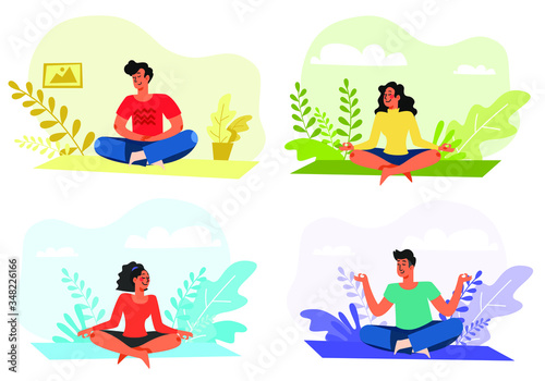 Set of men and women meditation. Men and women sitting meditation. Relaxing the mind with meditation. mental health concept.