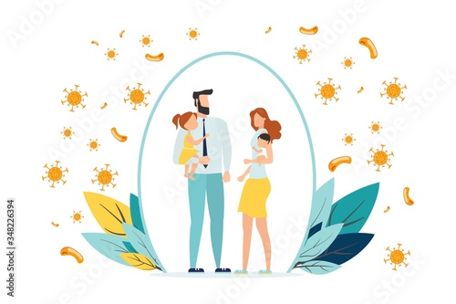 Happy parents with children is protected from viruses and diseases. Good immunity, vaccination and a healthy lifestyle. Family portrait in trendy style. Flat vector illustration