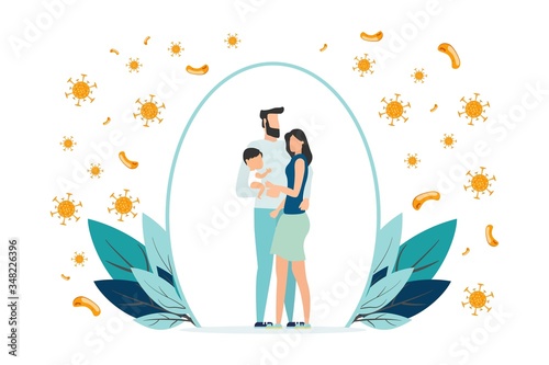 Happy parents with children is protected from viruses and diseases. Good immunity, vaccination and a healthy lifestyle. Family portrait in trendy style. Flat vector illustration