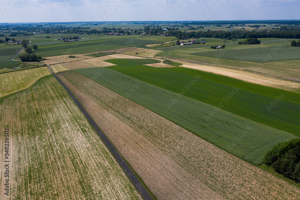 Spring at the polish fields. Drone action - above Polish spring fields