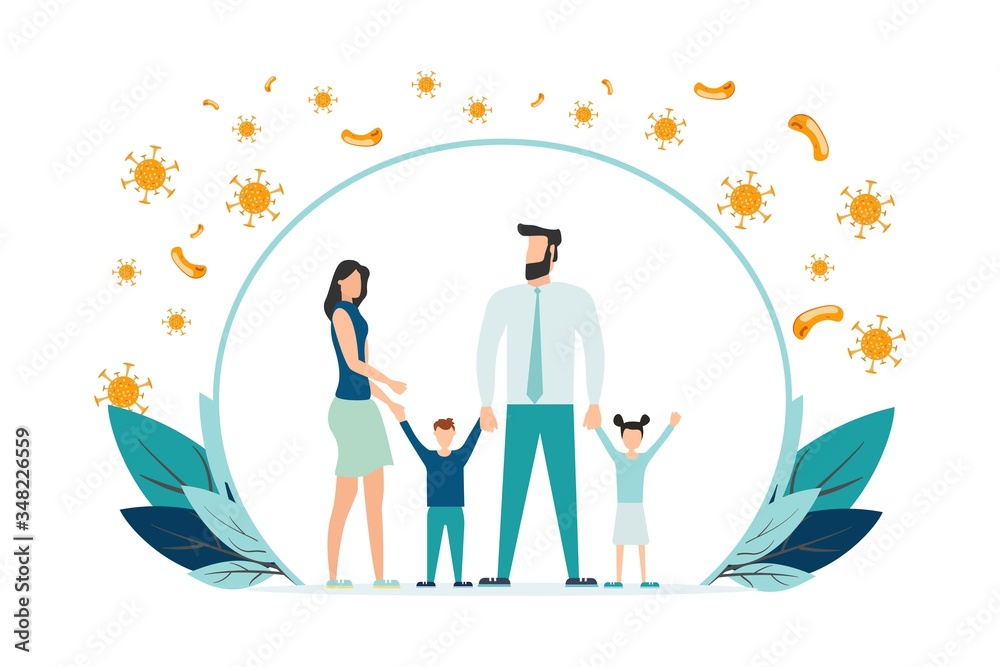 Happy parents with children is protected from viruses and diseases. Good immunity, vaccination and a healthy lifestyle. Family portrait in trendy style. Flat vector illustration
