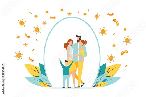 Happy parents with children is protected from viruses and diseases. Good immunity, vaccination and a healthy lifestyle. Family portrait in trendy style. Flat vector illustration