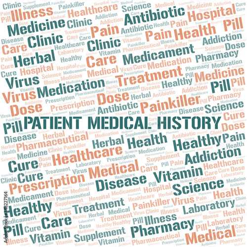 Patient Medical History word cloud collage made with text only.