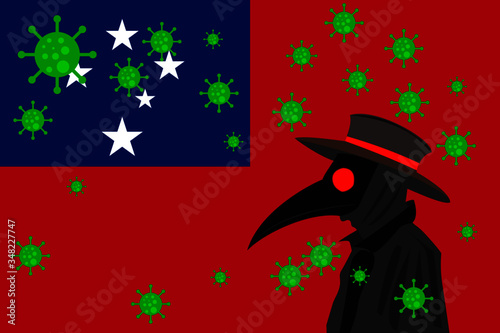 Black plague doctor surrounded by viruses with copy space with SAMOA flag.