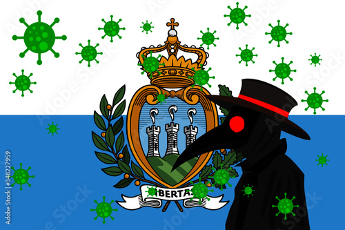 Black plague doctor surrounded by viruses with copy space with SAN MARINO flag.
