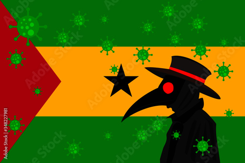 Black plague doctor surrounded by viruses with copy space with SAO TOME AND PRINCIPE flag.