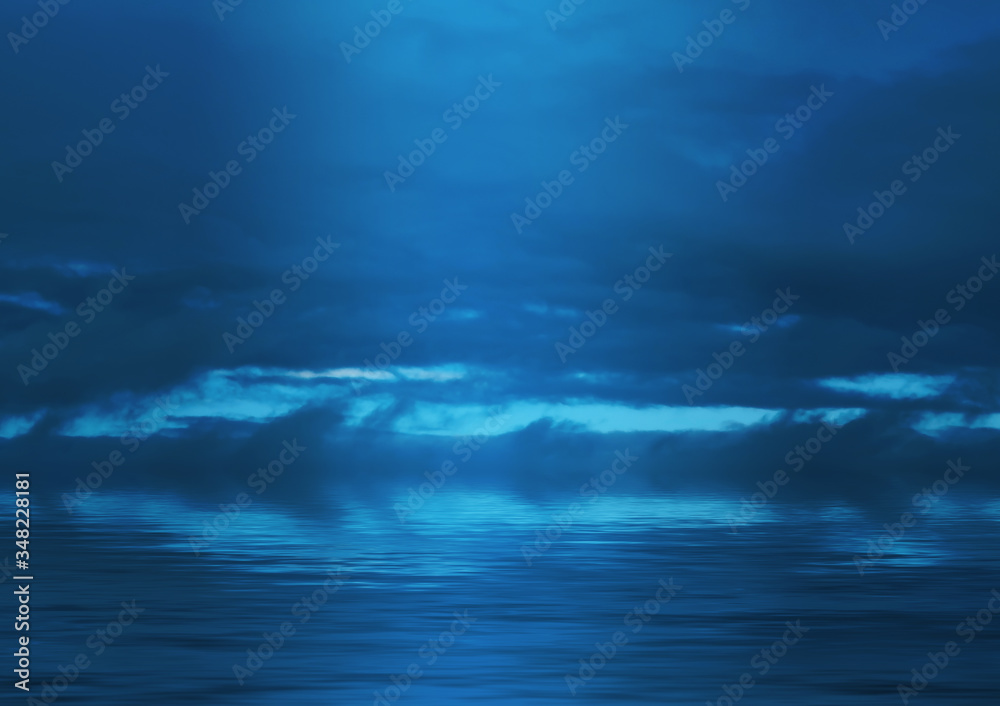 Background of night sea landscape. Night sky, clouds, full moon. Reflection of the moon on the water. Sunset on the sea horizon. Blue tinted blurred background.