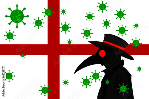 Black plague doctor surrounded by viruses with copy space with SCANDINAVIA flag.
