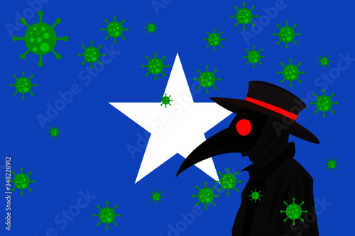 Black plague doctor surrounded by viruses with copy space with SOMALIA flag.