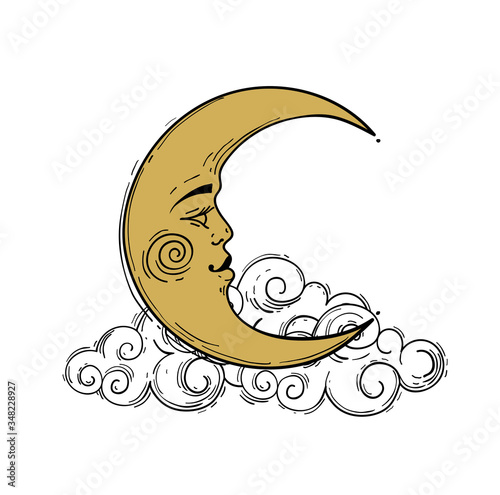 Crescent moon with face, stylized drawing, gold engraving. Vintage mystical boho design, logotype, tattoo. Vector illustration isolated on white