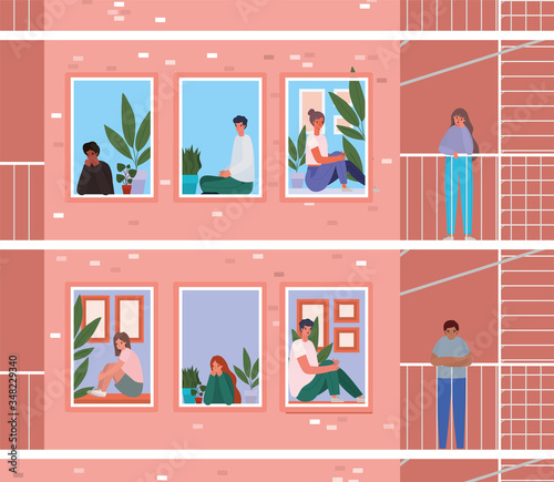 Fényképezés People looking out the windows with balconies from pink building vector design