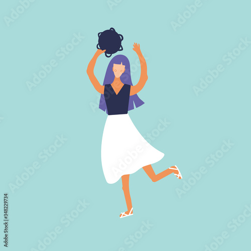 Girl playing on a tambourine. Country Music Festival. Vector flat cartoon modern style design character illustration isolated on background