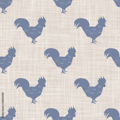 Seamless french farmhouse chicken charcuterie butcher pattern. Farmhouse linen shabby chic style. Hand drawn rustic texture background. Country farm kitchen design. Poultry meat cut textile all over.