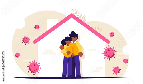 Stay home during the coronavirus epidemic. Family staying at home in self quarantine, protection from virus. Modern flat vector illustration.