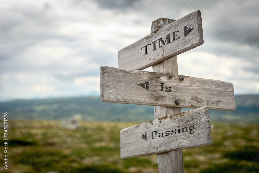 time is passing text engraved on old wooden signpost outdoors in nature. Quotes, words and illustration concept.