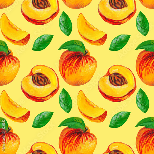 Fototapeta Naklejka Na Ścianę i Meble -  Peaches with leaves. Fruit seamless pattern design for wallpaper, paper, textile, fabric.